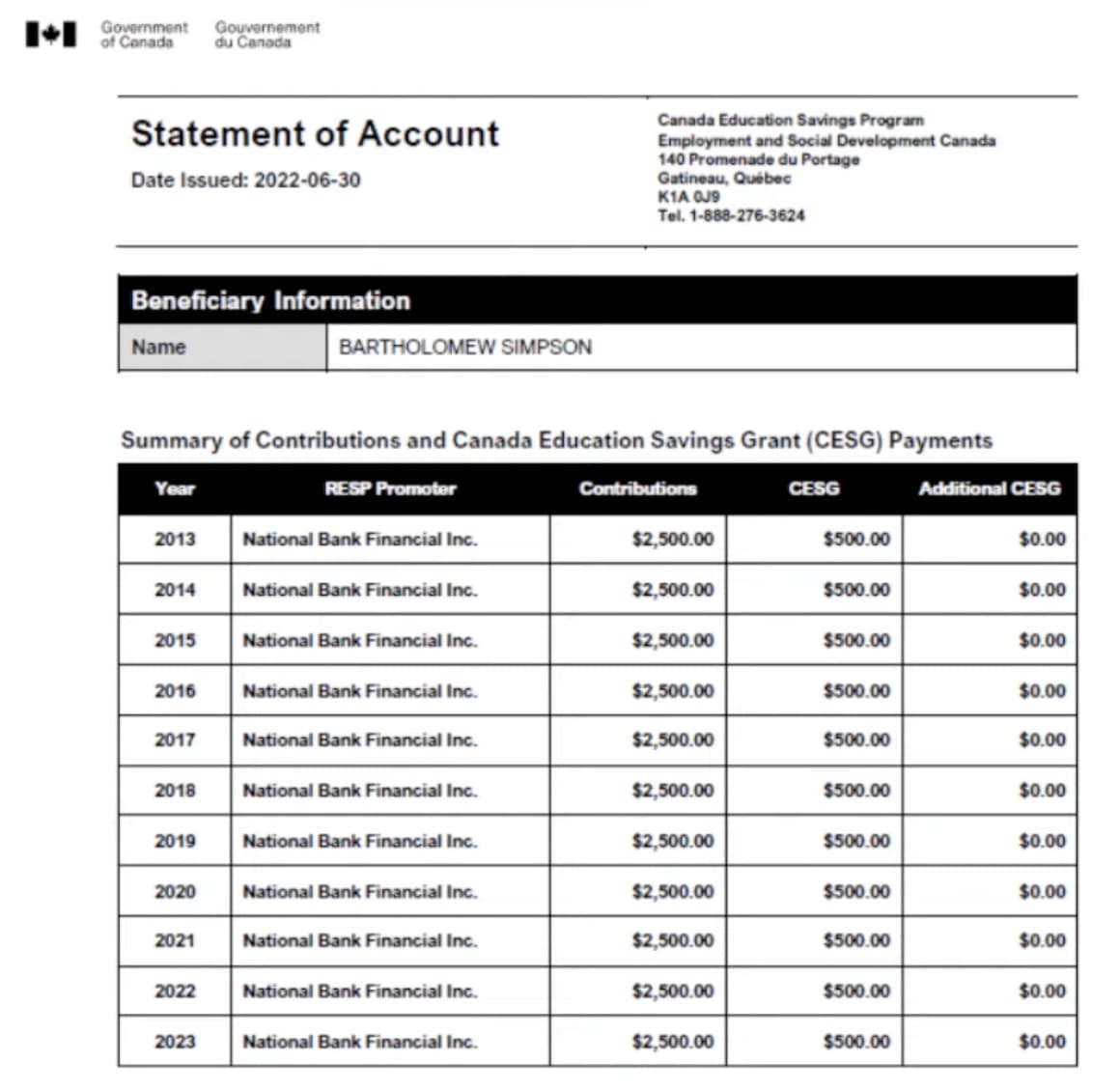 RESP statement of account